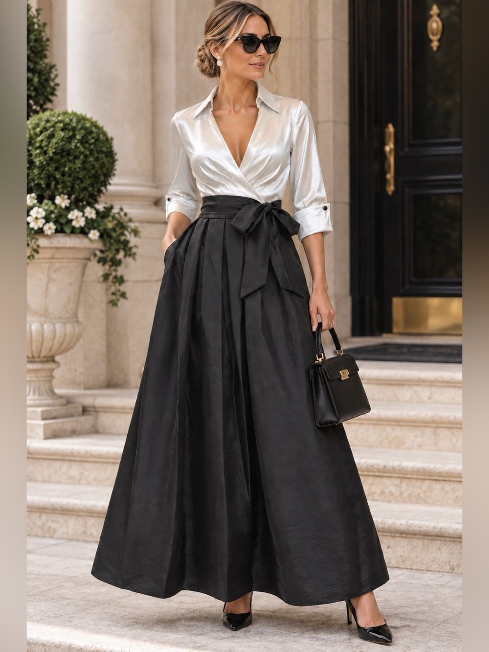 Jessica Howard Satin Colorblock V-Neck Ball Gown Formal Dress Size 10 Flaw